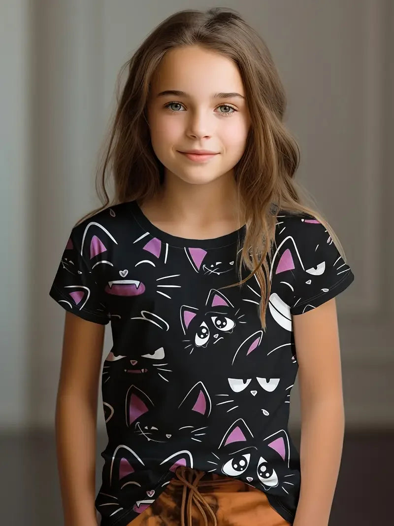 Kids Clothes Children's T-Shirt Girl Short Sleeve Top Cartoon Cat Kawaii Girls Summer Clothes Child T-Shirt  Children's Clothing