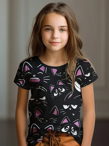 Kids Clothes Children's T-Shirt Girl Short Sleeve Top Cartoon Cat Kawaii Girls Summer Clothes Child T-Shirt  Children's Clothing