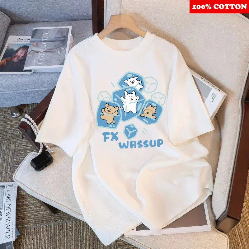 Korean Cute Cat Print T-shirt Women Summer 2025 New Round neck Short Sleeve T-shirt Loose Casual Y2k Tops kawaii Female clothing