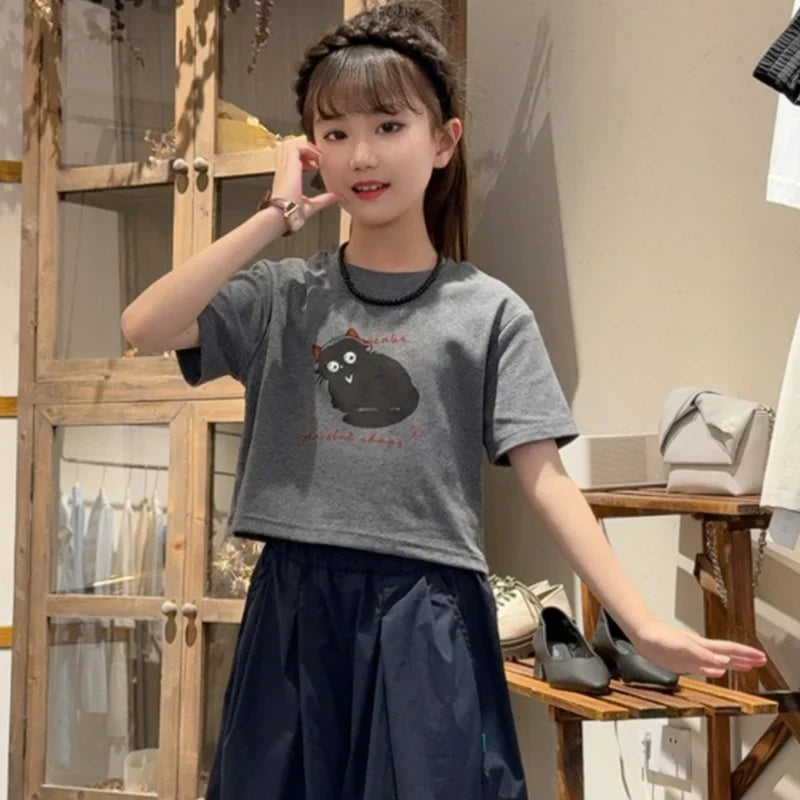 Girls Clothing Set Cartoon Cat Print T-shirt+Straight Through Pants 2Pcs Suit For 2-8 Years Kids Casual Outfit 2025 Summer New