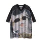Cat Print Short Sleeve T-shirt Mens Summer Retro High Street Loose Raglan Half-Sleeve V-neck Breathable Mesh Tshirt Men