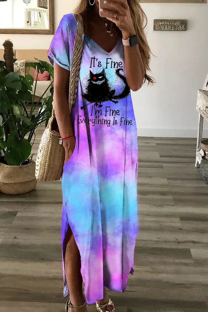 Women's Clothing Cat Short Sleeved Dress V Neck Lower Fork Swing Side Pockets