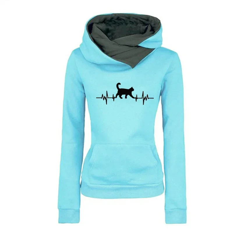 2025 New Arrival Women's Sweatshirt Cute Cat Printed Hoodie Autumn Winter Female Home Outdoor Comfort Warm Pullover Casual Coats