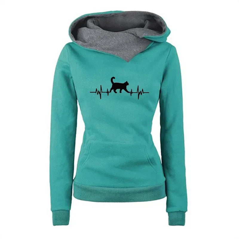 2025 New Arrival Women's Sweatshirt Cute Cat Printed Hoodie Autumn Winter Female Home Outdoor Comfort Warm Pullover Casual Coats