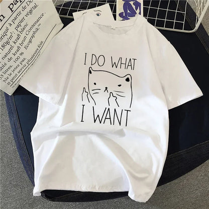Women T Shirt Cartoon Cat Group Printed T-Shirt Casual Short Sleeve Couples T-Shirt Funny Cat Streetwear Large-sized T-shirt