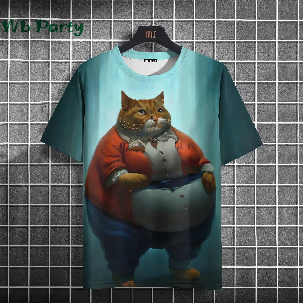 Cat Print T-shirts for Men Casual Short Sleeved Tee Oversized Mens Clothing Men's Funny T-shirt Animal Print Graphic T shirts