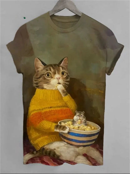 Cat Pattern Men T-Shirt 3D Print Funny Animal Short Sleeve T-Shirt Oversized Top Loose and Comfortable Halloween Atmosphere