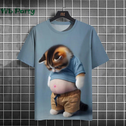 Cat Print T-shirts for Men Casual Short Sleeved Tee Oversized Mens Clothing Men's Funny T-shirt Animal Print Graphic T shirts