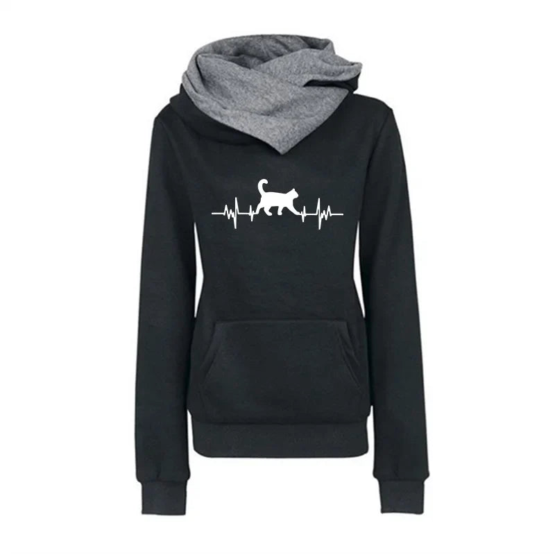 2025 New Arrival Women's Sweatshirt Cute Cat Printed Hoodie Autumn Winter Female Home Outdoor Comfort Warm Pullover Casual Coats