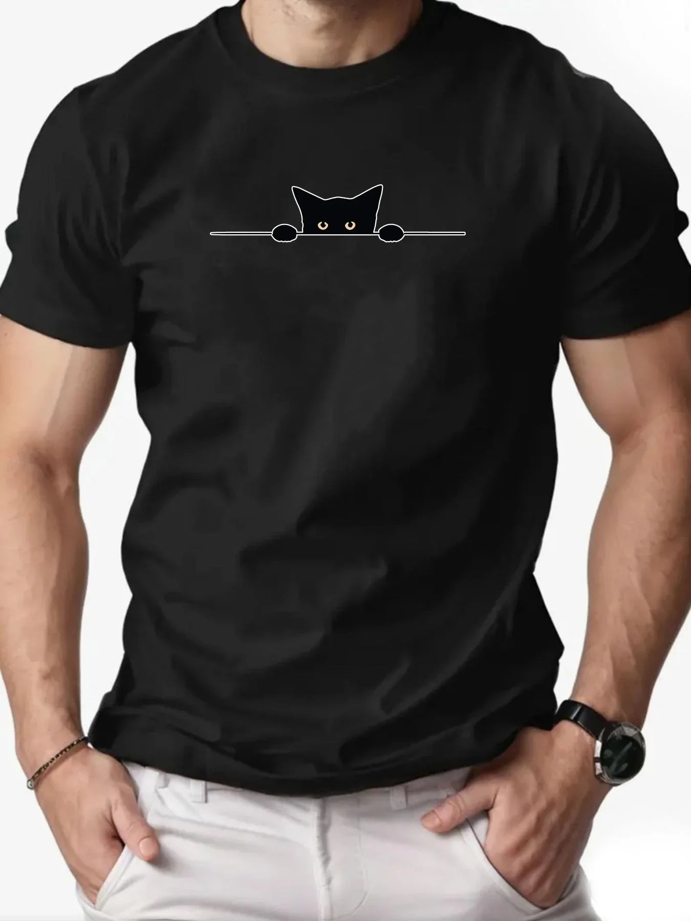Cat Men T Shirt 100% Cotton Shy Kitten Cartoon Pattern Print Summer Round Neck Breathable Casual Short Sleeve Fashion T-Shirt