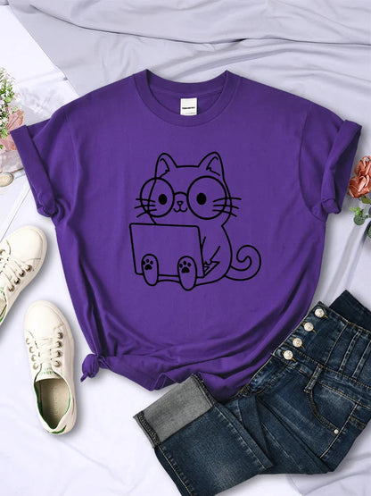 Careful Study Of Work Cat Sketches Women T-Shirt Personality Trend Casual Tee Clothing Street Creative Tops Female Short Sleeve