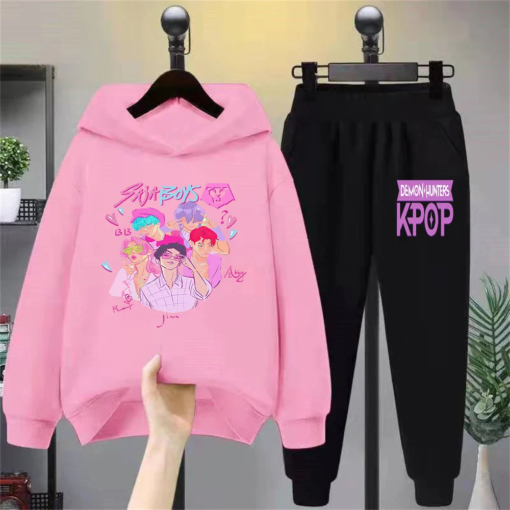 Kids Hoodie Set with Cartoon Blue Cat & Bird Print, Casual Long - Sleeve Top + Pants Outfit for Boys Girls, Comfortable Children