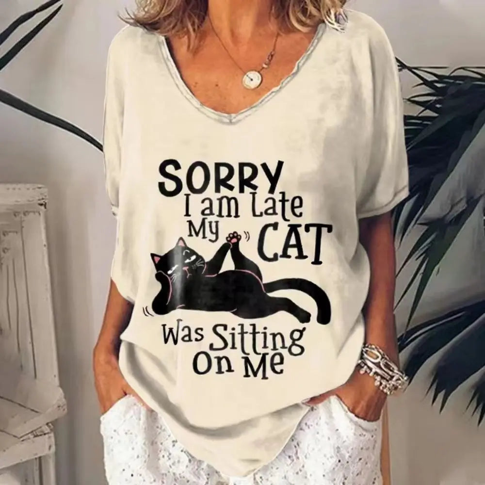 Women's T-shirt Cartoon Cat Print Summer Short Sleeve V-Neck Kawaii Fashion Casual Tee Shirts With Cat Funny Femininity Clothing