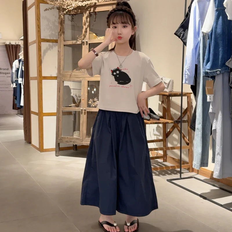 Girls Clothing Set Cartoon Cat Print T-shirt+Straight Through Pants 2Pcs Suit For 2-8 Years Kids Casual Outfit 2025 Summer New