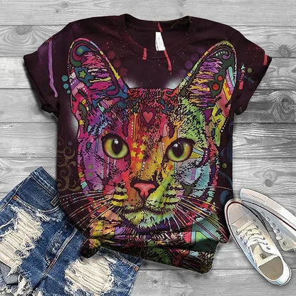 Cat Short Sleeve Cartoon Cat Women's T-Shirt Summer Fashion 3d Cartoon Women Clothing T Shirt For Women Daily Casual Top Tee