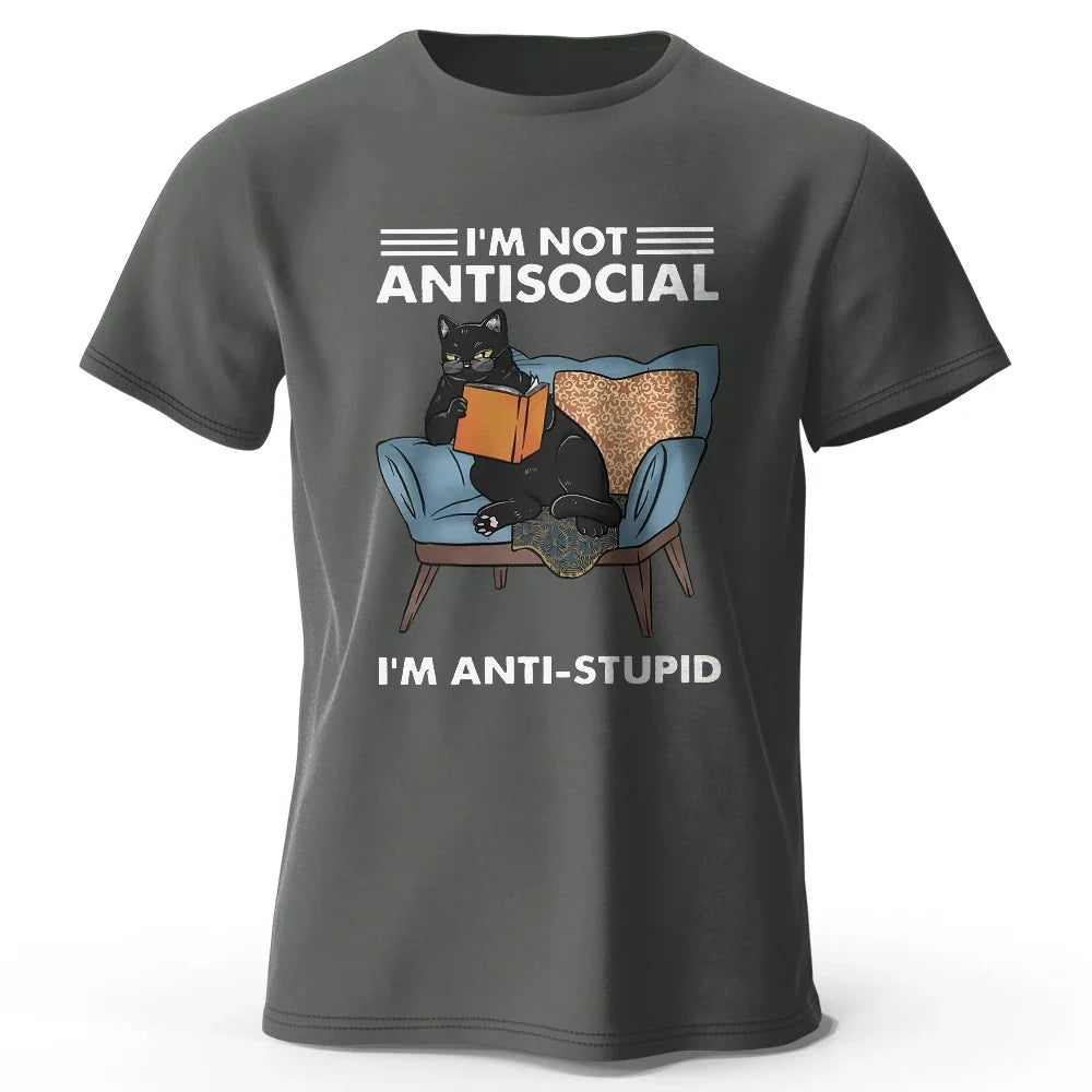 Men's I Am Not Anti Social Printed T-Shirt 100% Cotton Oversized Funny Cat Graphic Tees for Men Women Summer Tops