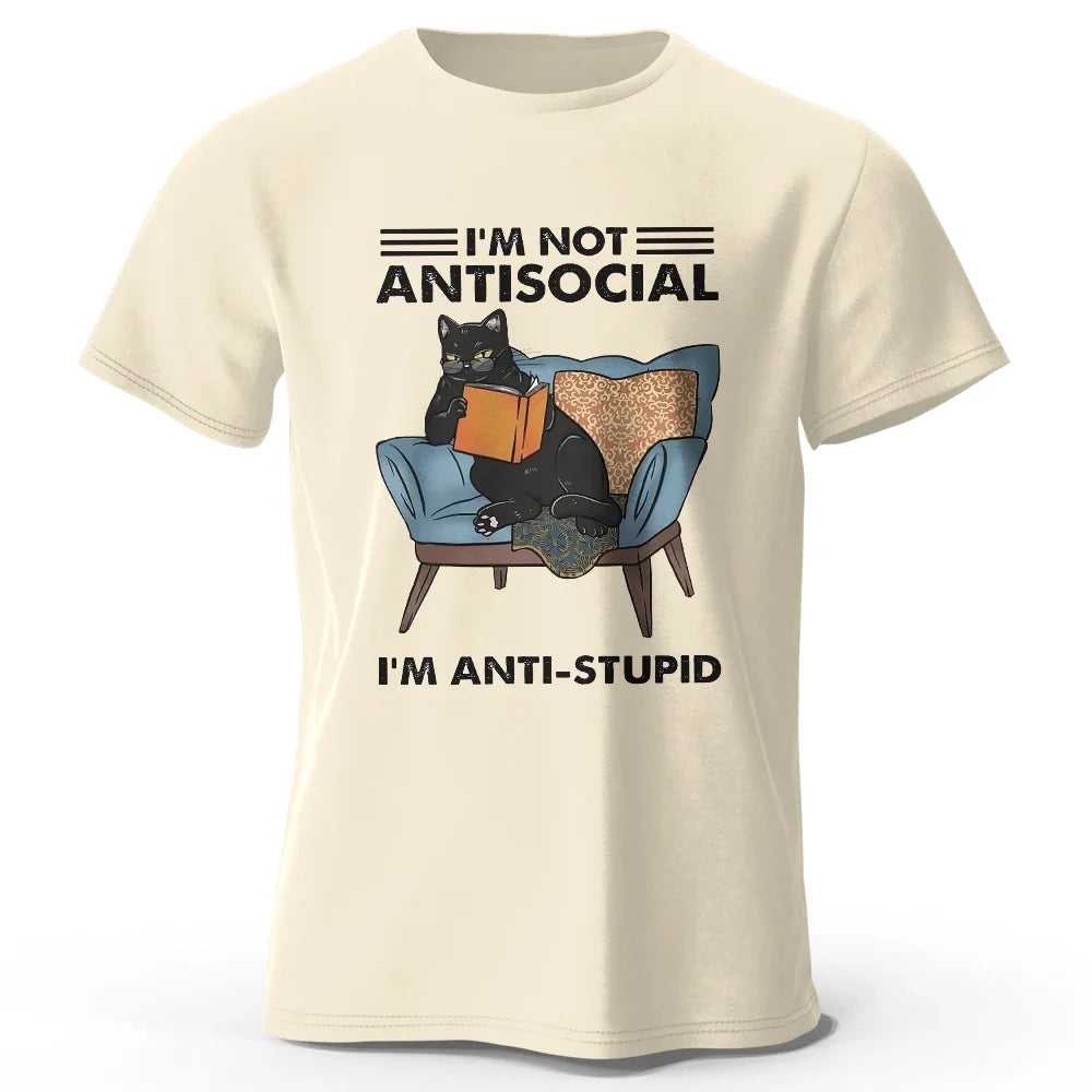 Men's I Am Not Anti Social Printed T-Shirt 100% Cotton Oversized Funny Cat Graphic Tees for Men Women Summer Tops