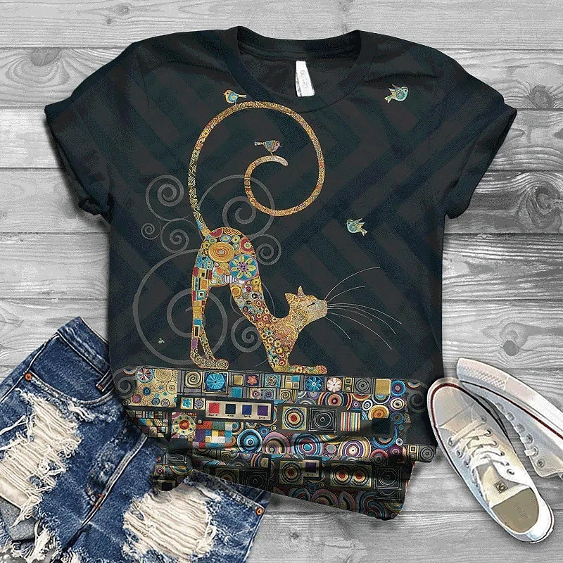 Cat Short Sleeve Cartoon Cat Women's T-Shirt Summer Fashion 3d Cartoon Women Clothing T Shirt For Women Daily Casual Top Tee
