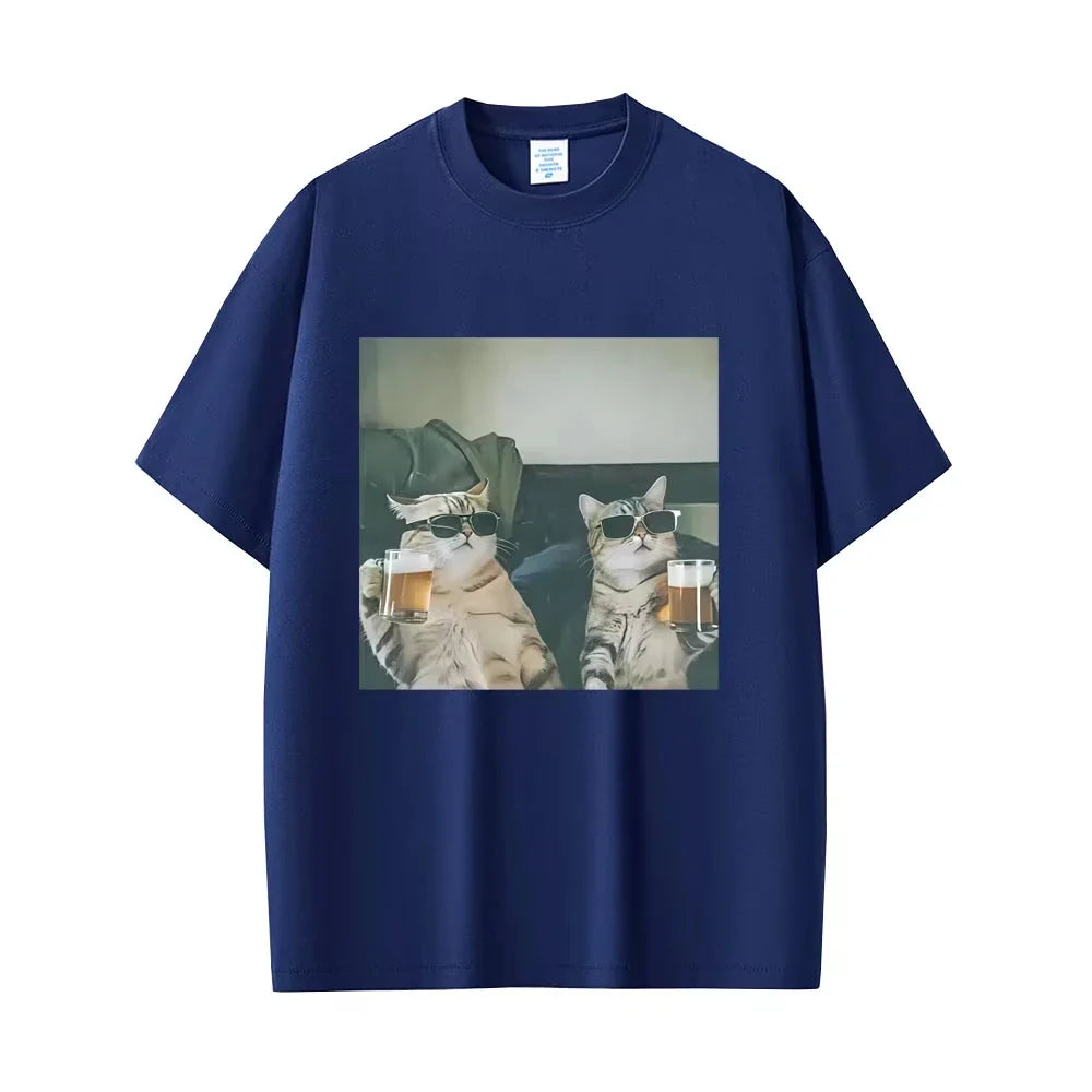 Fun cat beer T-shirt for men 100% cotton casual T-shirt retro short-sleeved fashionable round-neck T-shirt