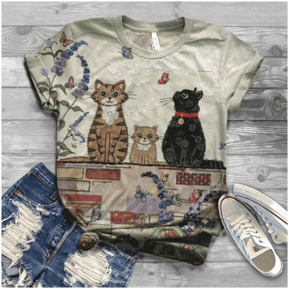 Cat Short Sleeve Cartoon Cat Women's T-Shirt Summer Fashion 3d Cartoon Women Clothing T Shirt For Women Daily Casual Top Tee