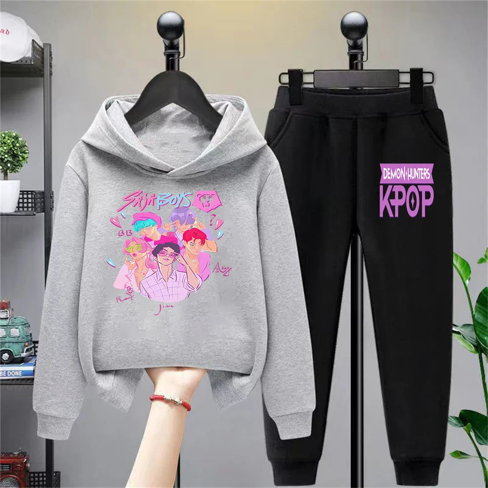 Kids Hoodie Set with Cartoon Blue Cat & Bird Print, Casual Long - Sleeve Top + Pants Outfit for Boys Girls, Comfortable Children