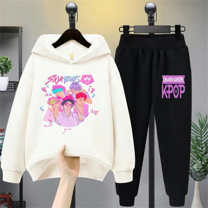 Kids Hoodie Set with Cartoon Blue Cat & Bird Print, Casual Long - Sleeve Top + Pants Outfit for Boys Girls, Comfortable Children