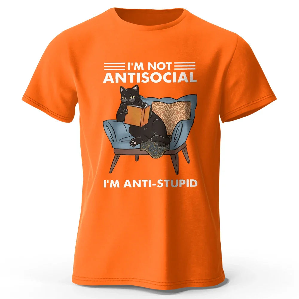Men's I Am Not Anti Social Printed T-Shirt 100% Cotton Oversized Funny Cat Graphic Tees for Men Women Summer Tops