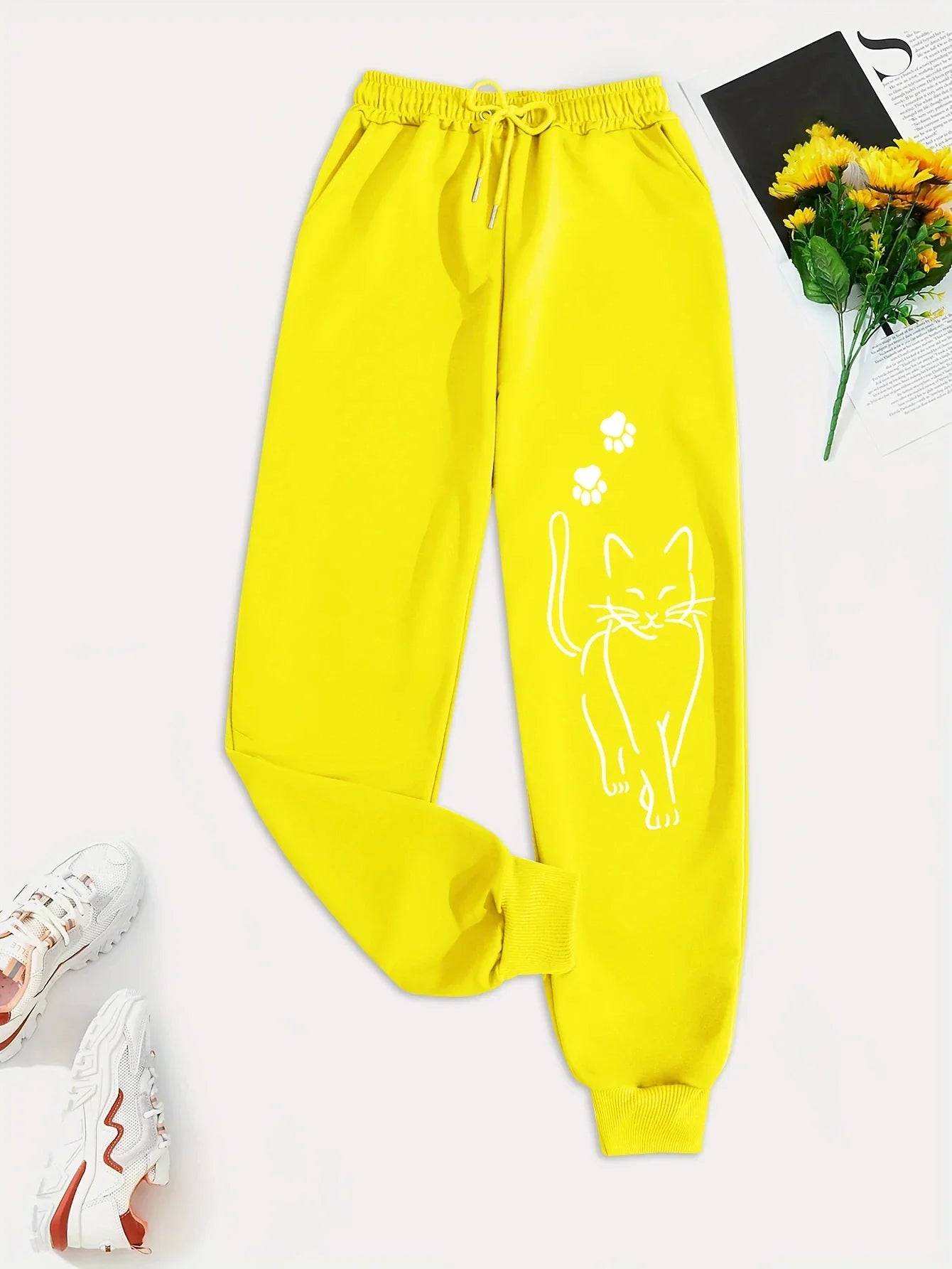 Elegant Cat Print Casual Versatile Women Pants Fashion Trendy Trousers With Drawstring Pockets Comfortable Sweatpants Female