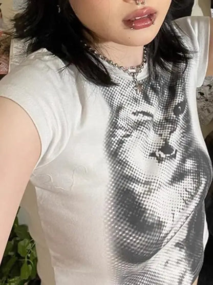 Pure Cotton Sexy Cat Printed Short-sleeved T-shirt for Women with Slim Slim Versatile Top