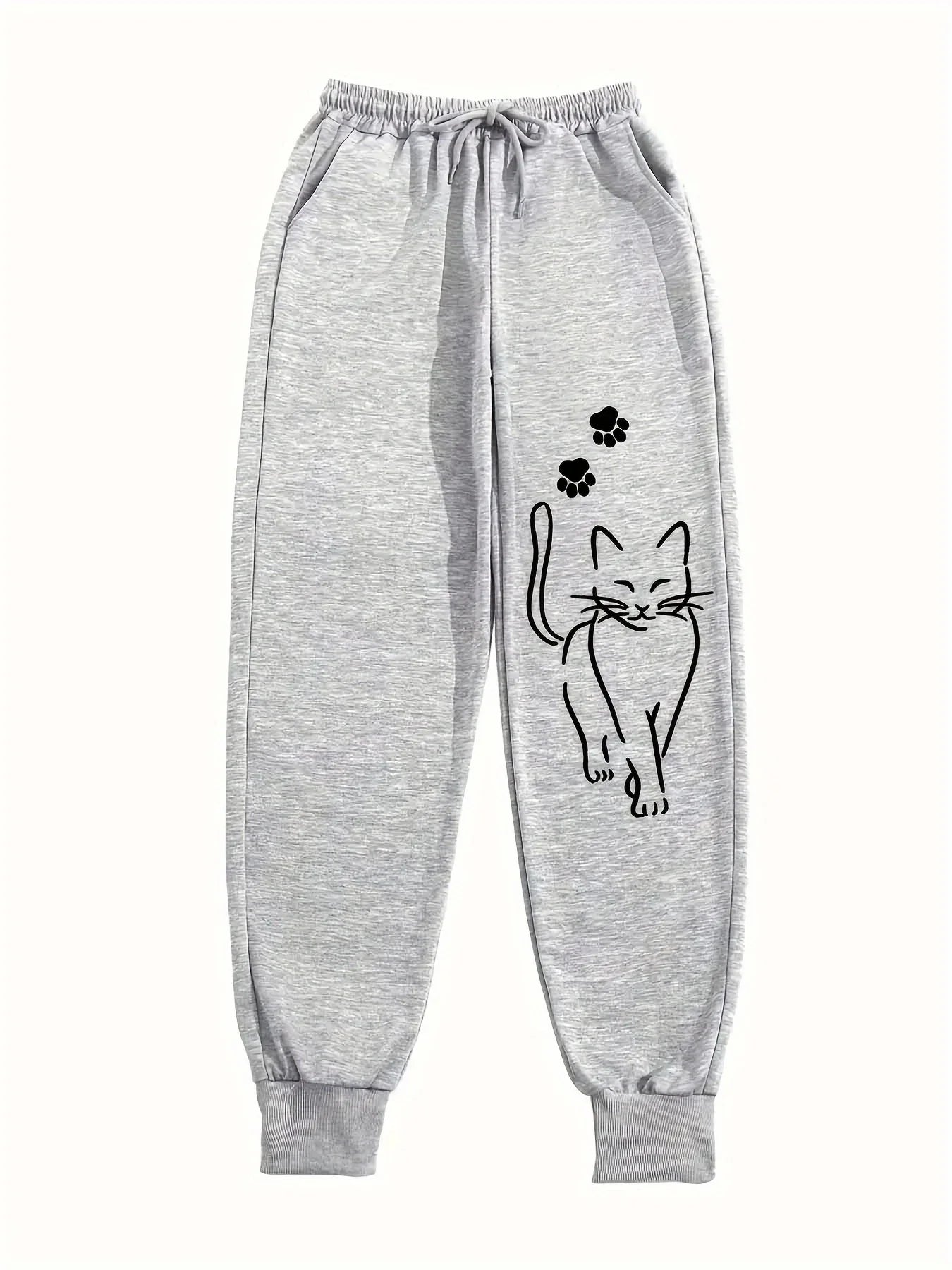 Elegant Cat Print Casual Versatile Women Pants Fashion Trendy Trousers With Drawstring Pockets Comfortable Sweatpants Female
