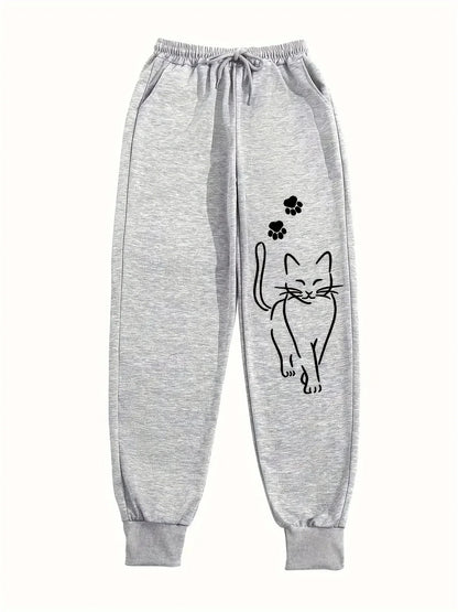 Elegant Cat Print Casual Versatile Women Pants Fashion Trendy Trousers With Drawstring Pockets Comfortable Sweatpants Female