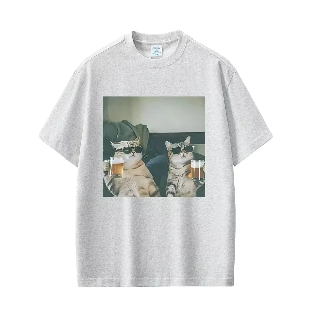 Fun cat beer T-shirt for men 100% cotton casual T-shirt retro short-sleeved fashionable round-neck T-shirt