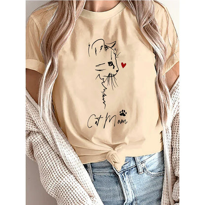 Women's Cat Mom Print Short Sleeve T Shirt 90s Casual Gothic Crew Neck Tees Tops All Seasons Women Cat Face Y2k Tshirt Clothes