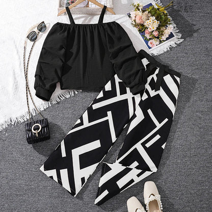 Kids Clothing Sets For Girls Khaki Off-shoulder Long sleeve Top & Stripe Printing Pants Summer Resort Style Children Suits OOTD