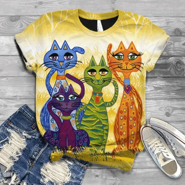 Cat Short Sleeve Cartoon Cat Women's T-Shirt Summer Fashion 3d Cartoon Women Clothing T Shirt For Women Daily Casual Top Tee
