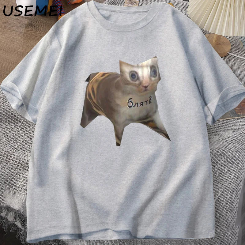 Russian Cat Meme T-shirts Funny Graphic Print Cat T Shirt Women Men Casual Cotton T-shirt Unisex Oversized Tee Shirt Man Clothes