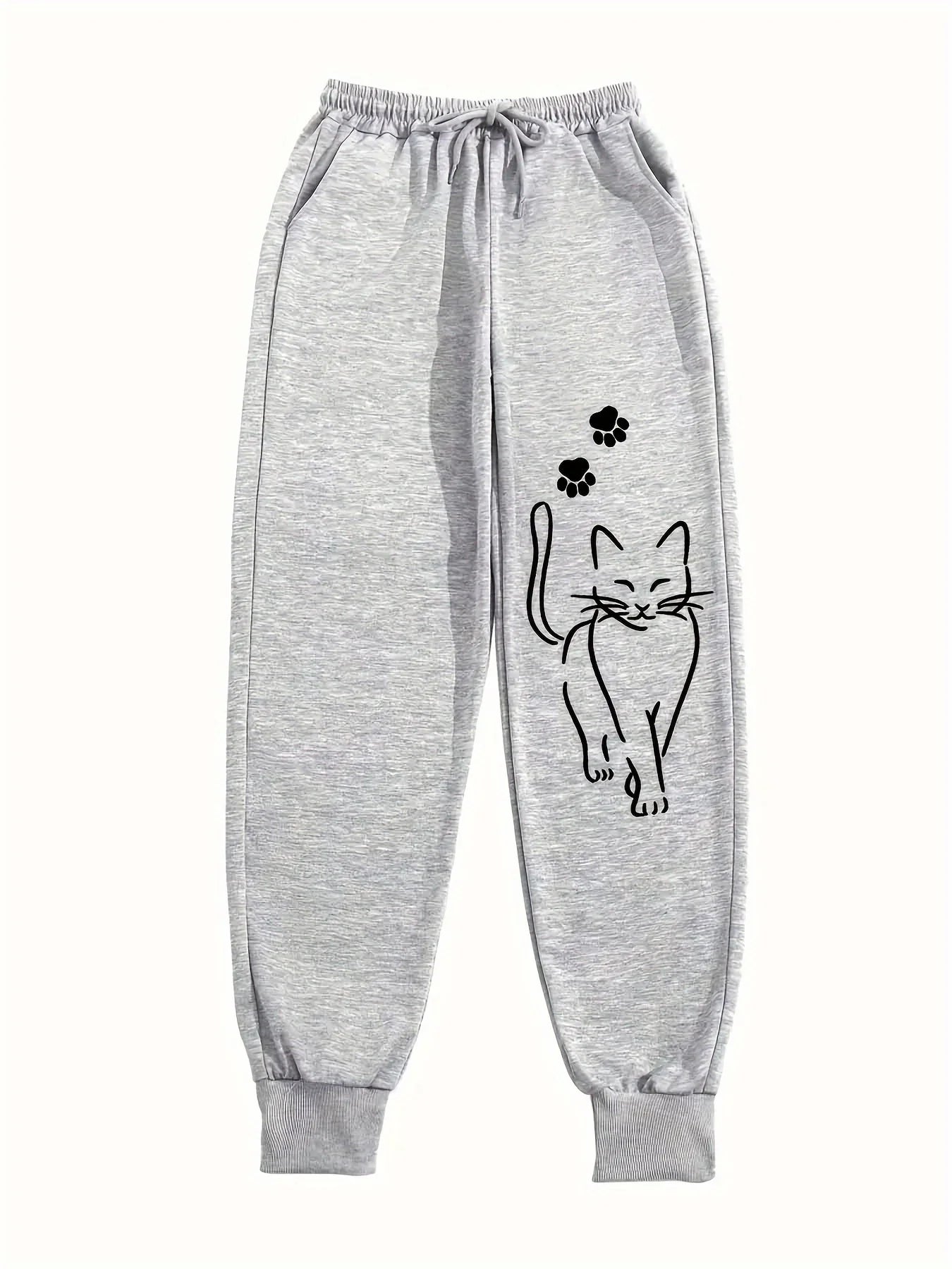 Elegant Cat Print Casual Versatile Women Pants Fashion Trendy Trousers With Drawstring Pockets Comfortable Sweatpants Female
