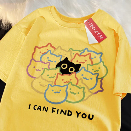 I Can Find You Fun Cat Print Tshirt Men Women Fashion Oversize T-Shirt Summer 100% Cotton Tee Clothing Loose Fashion Casual Tops