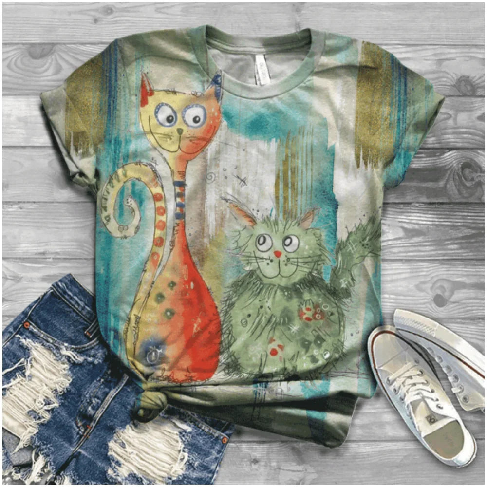 Cat Short Sleeve Cartoon Cat Women's T-Shirt Summer Fashion 3d Cartoon Women Clothing T Shirt For Women Daily Casual Top Tee