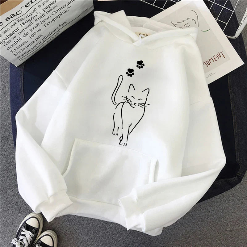 Whimsical Cat Print Sweatshirts Cat Women Kawaii Kangaroo Pocket Hoodies Girl Casual Pullovers Female Animal Hooded 90s Clothing