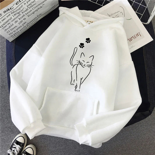 Whimsical Cat Print Sweatshirts Cat Women Kawaii Kangaroo Pocket Hoodies Girl Casual Pullovers Female Animal Hooded 90s Clothing