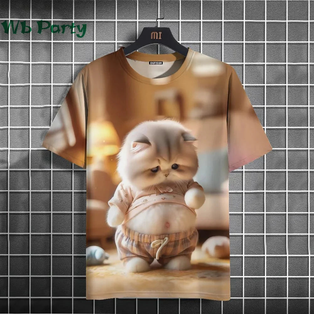 Cat Print T-shirts for Men Casual Short Sleeved Tee Oversized Mens Clothing Men's Funny T-shirt Animal Print Graphic T shirts