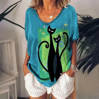 Women's T-shirt Cartoon Cat Print Summer Short Sleeve V-Neck Kawaii Fashion Casual Tee Shirts With Cat Funny Femininity Clothing
