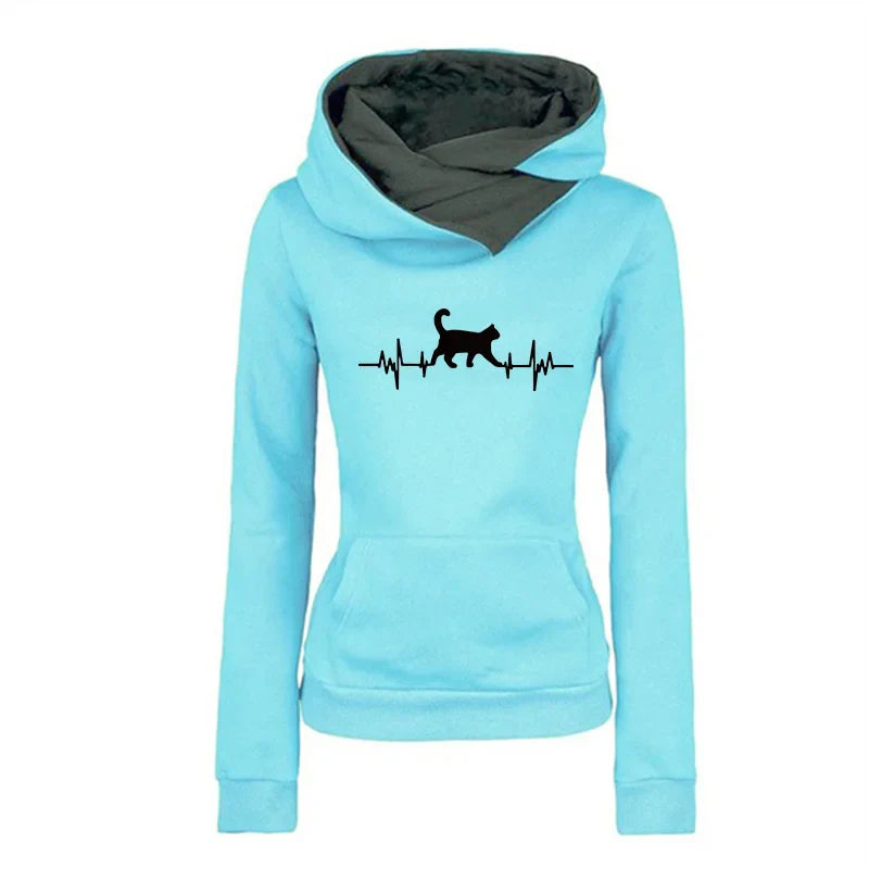 2025 New Arrival Women's Sweatshirt Cute Cat Printed Hoodie Autumn Winter Female Home Outdoor Comfort Warm Pullover Casual Coats
