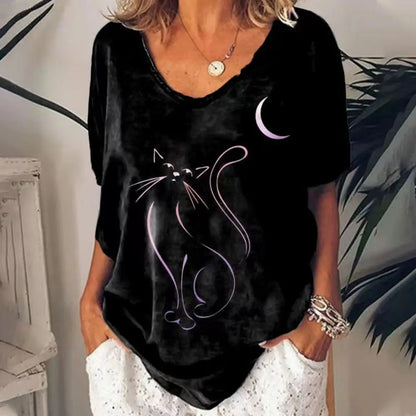 Women's T-shirt Cartoon Cat Print Summer Short Sleeve V-Neck Kawaii Fashion Casual Tee Shirts With Cat Funny Femininity Clothing