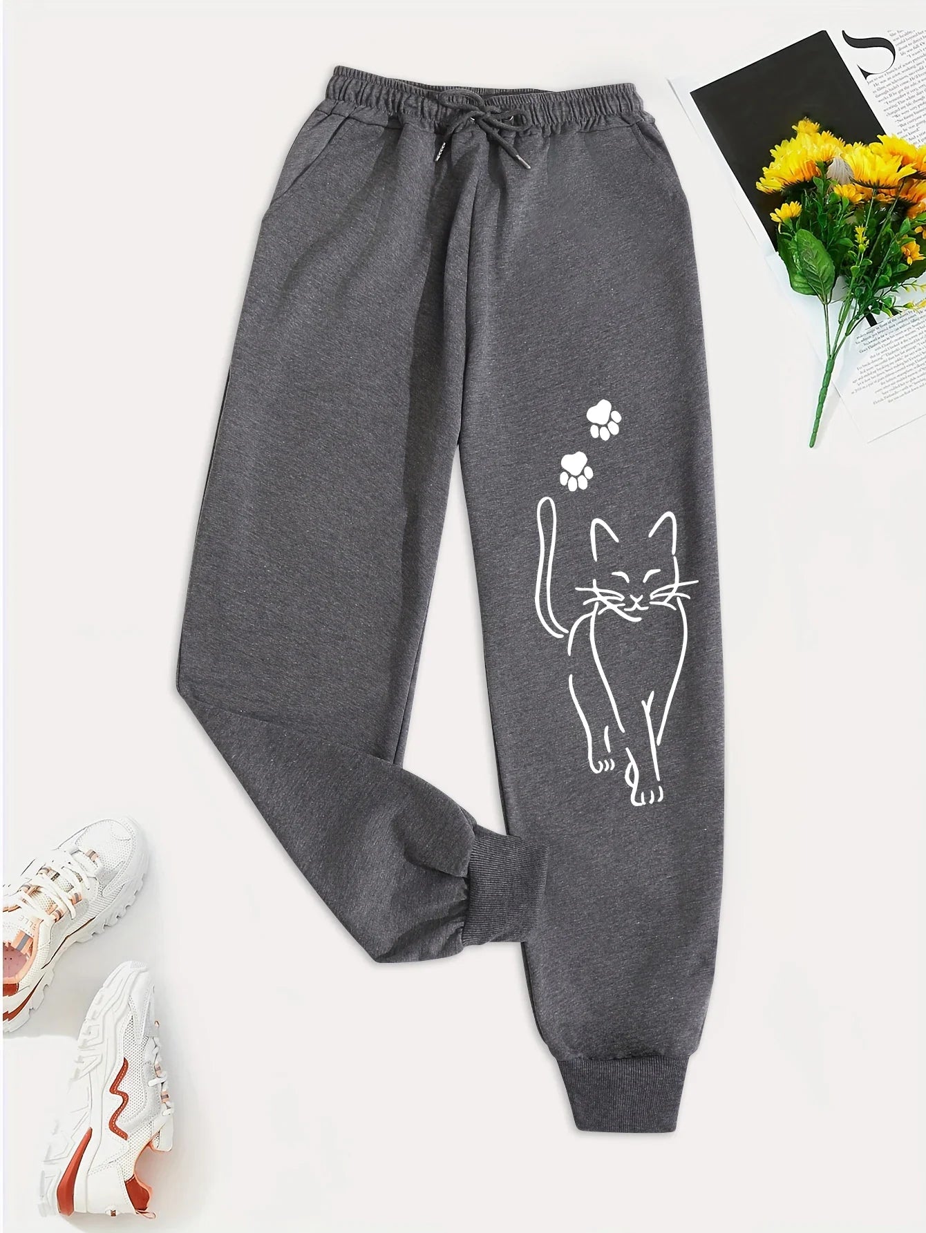 Elegant Cat Print Casual Versatile Women Pants Fashion Trendy Trousers With Drawstring Pockets Comfortable Sweatpants Female