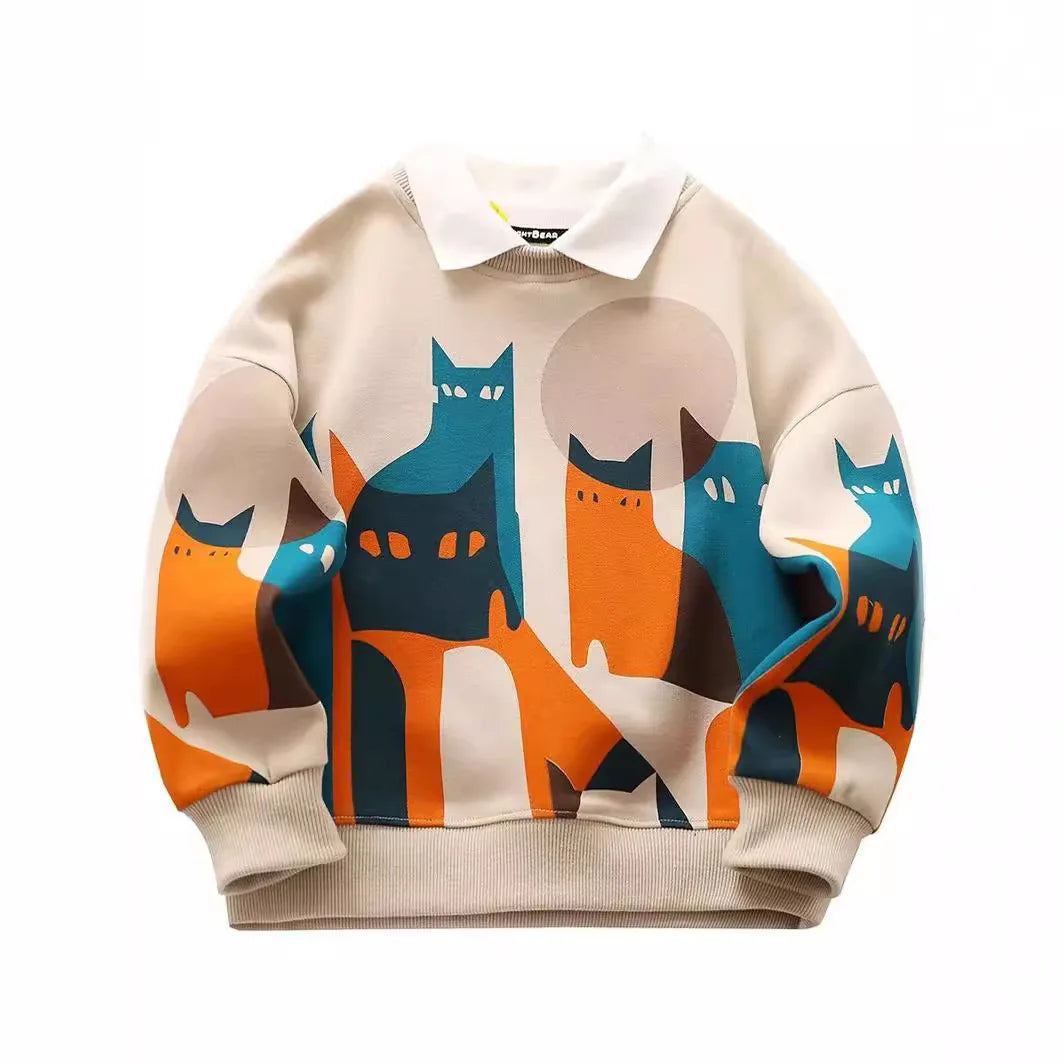 boys girls Cartoon Cat sweatshirt Fashion Graphic Crewneck Printed Pullover Top newyear Clothes 2025 kids clothes