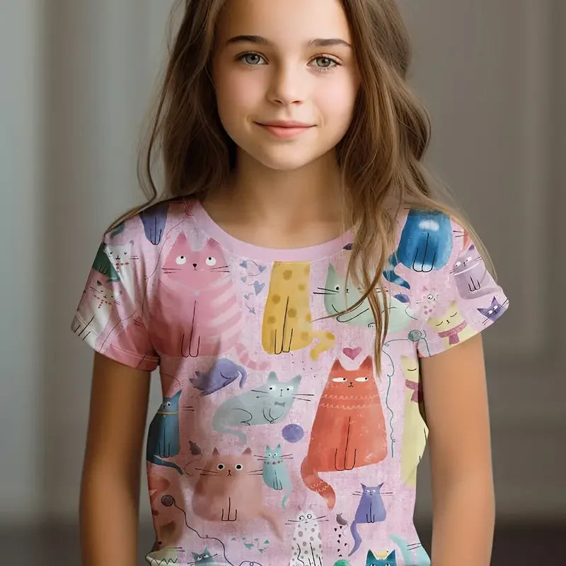 Kids Clothes Children's T-Shirt Girl Short Sleeve Top Cartoon Cat Kawaii Girls Summer Clothes Child T-Shirt  Children's Clothing