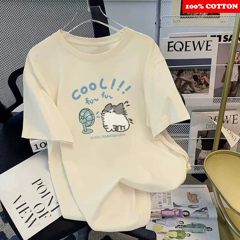 Korean Cute Cat Print T-shirt Women Summer 2025 New Round neck Short Sleeve T-shirt Loose Casual Y2k Tops kawaii Female clothing
