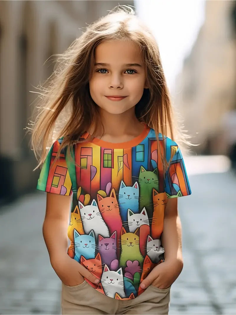 Kids Clothes Children's T-Shirt Girl Short Sleeve Top Cartoon Cat Kawaii Girls Summer Clothes Child T-Shirt  Children's Clothing